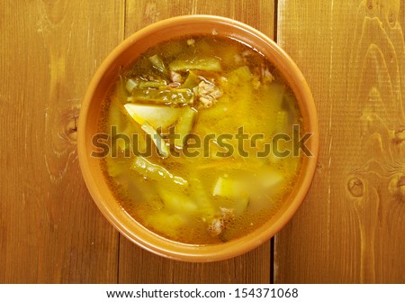 Russian soup rassolnik .Meat soup with pickled cucumbers.Russian cuisine