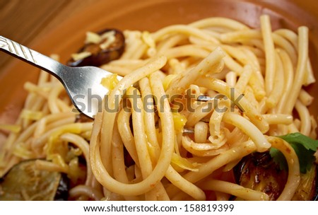 Pasta alla norma.recipe with tomato sauce, eggplant .ational dish of Sicily