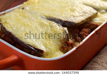 Lamb moussaka with egg plant cheese in baking form.farm-style