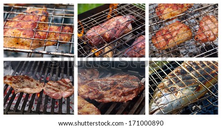 Food set cooking meat  and fish barbecue. collage prepared on the barbecue grill