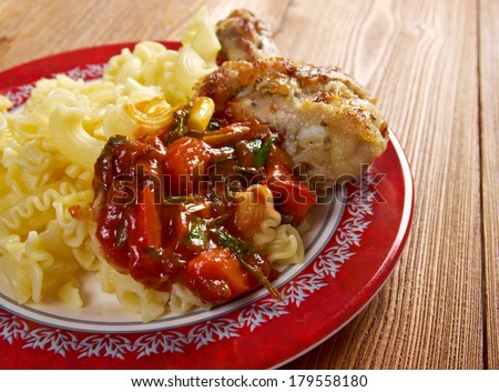 Creste pasta with roasted chicken .Southern Italian cuisine
