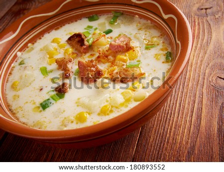 Bacon Chili Corn Chowder  a type of thick cream-based soup or chowder similar to New England clam chowder, with corn substituted for clams