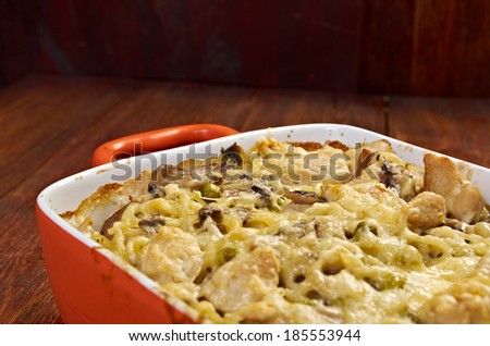 Tetrazzini is an American dish.Spaghetti with chicken, mushrooms and fresh grated parmesan cheese. baked noodle casserole
