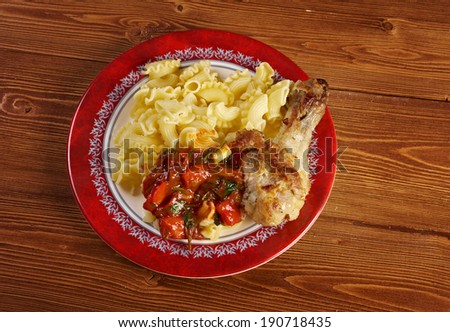 Creste pasta with roasted chicken .Southern Italian cuisine