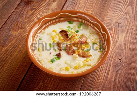 Bacon Chili Corn Chowder  a type of thick cream-based soup or chowder similar to New England clam chowder, with corn substituted for clams