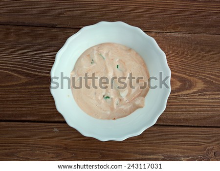 Russian dressing -  Rose sauce made of a blend of mayonnaise and ketchup complemented