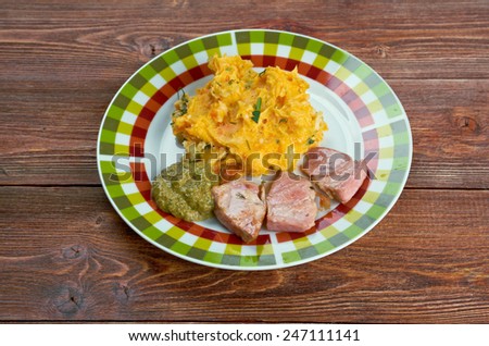 Rotmos med flask - mashed potatoes, turnip and roast ham.Swedish cuisine