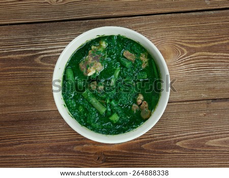 Ghormeh sabzi -  herb stew. It is a popular dish in Iran, and Azerbaijan and is often said to be the Iranian national dish.