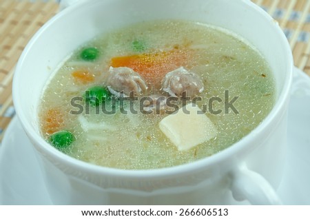 Hochzeitssuppe - wedding soup.German soup based on chicken broth, fortified with chicken meat, small meatballs
