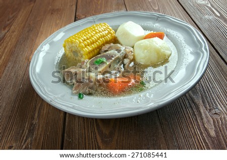 Puchero  sopa - stew originally from Spain, prepared in YucatÂ¡n, Mexico, Argentina, Colombia, Paraguay, Uruguay. basic ingredients of the broth are meat , bacon, cured bones and vegetables
