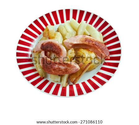 Salchipapas -  fast food dish , street food throughout Latin America.consist of thinly sliced pan-fried beef sausages and French fries