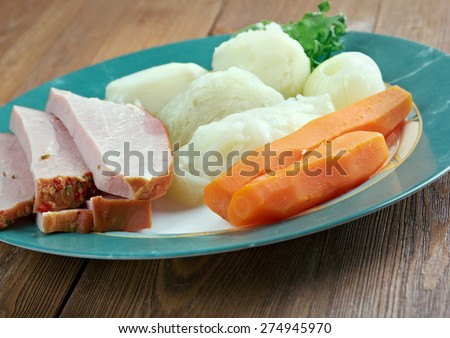 New England boiled dinner - basis  traditional New England meal, consisting of corned beef with cabbage and vegetable, potato.popular in New England and parts of Atlantic Canada.