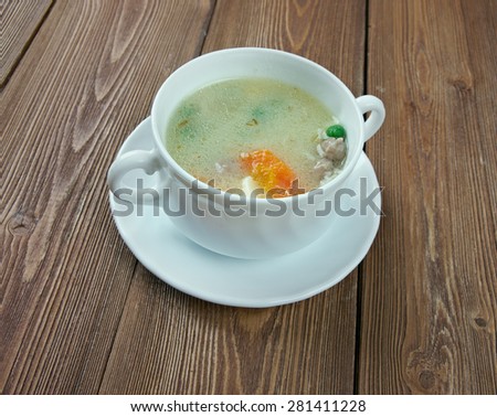Hochzeitssuppe - wedding soup.German soup based on chicken broth, fortified with chicken meat, small meatballs