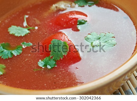 Rasam soup - South Indian soup.prepared using tamarind juice as a base, with the addition of tomato, chili pepper, pepper, cumin