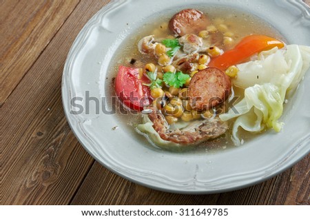 Puchero -  stew originally from Spain, prepared inMexico, Argentina, Colombia, Paraguay, Uruguay. basic ingredients of the broth are meat ,chickpeas, cabbage