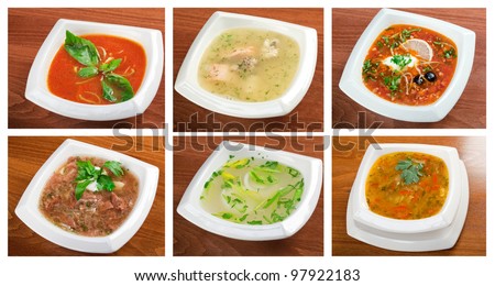 Food set of different  delicious and healthy soups. collage