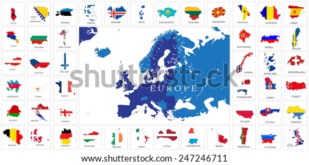 European countries flag map set