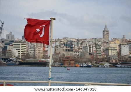 Galata tower with waving turkish flag