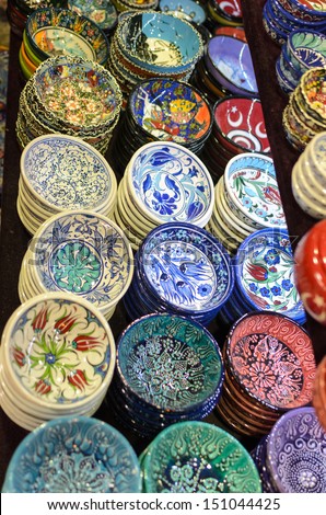 Typical dishes with colorful decoration for sale at market