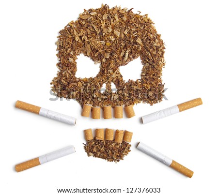 Death sign skull made of Tobacco isolated on white. Smoking metaphor