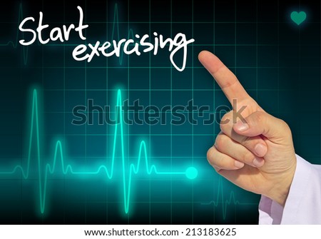 Doctor hand writing message START EXERCISING with heart rate monitor in the background Doctor hand writing message START EXERCISING with heart rate monitor in the background