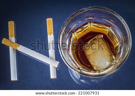 Cigarettes and glass of alcohol forming the word NO on blue background - Health concept - Anti smoking and anti alcoholism campaign