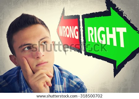 Portrait of handsome teenage boy facing great dilemma to choose between RIGHT and WRONG. Facial expression. Grunge background. Pointing arrows