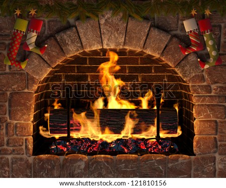 Christmas Fireplace. Burning Yule Log In Hearth Decorated With Christmas Stockings.