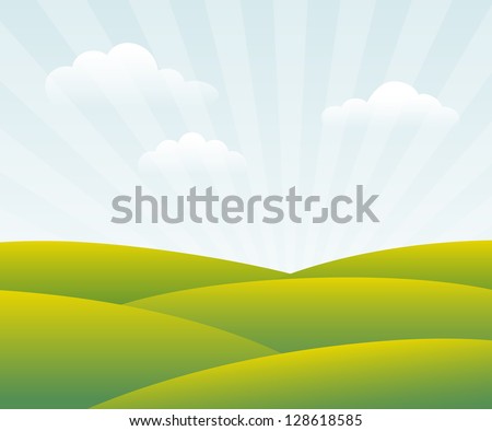 Spring Day. Green fields in sun rays. Vector, eps10.