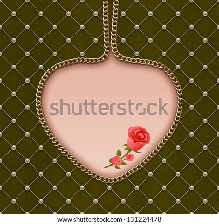 Vintage romance greeting card. Pearl grid on green velvet with gold chain heart and roses.