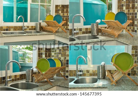 kitchen sink with wooden plate rack in asian kitchen style
