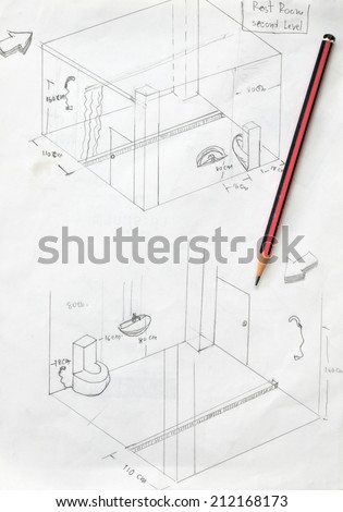 hand drawn of bathroom draft sketch and pencil