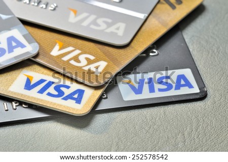 BANGKOK,THAILAND - January 28,2015:  Visa credit cards on leather board.