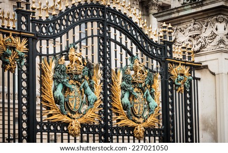 Close-up details of the gate of Buckingham Palace in London, England, UK