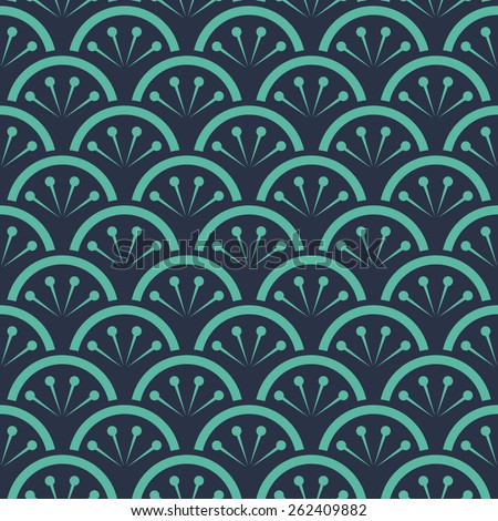 Seamless neon blue japanese floral waves pattern