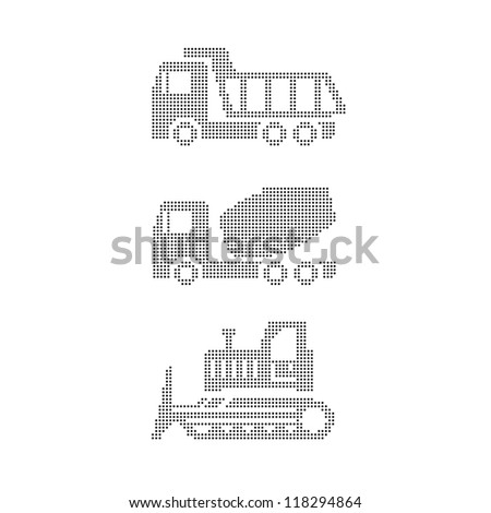 Set of construction equipment on white tractor, grader, truck, truck mixer