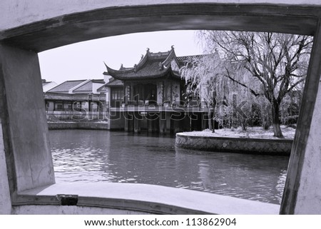 China. The ancient village on water Sitan, near to Shanghai. Heritage of UNESCO. Grayscale.
