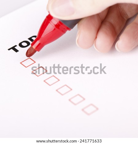 To Do list with check marks isolated on white with woman hand, Todo or to-do list.