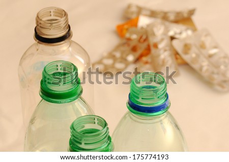 Recycle process with plastic bottles and plastic caps. Also some medicine blisters