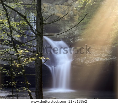 Early morning sun rays in mist at Cedar Falls  Hocking Hills State Park  Ohio