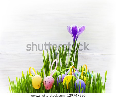 Art easter card with eggs, grass and spring flowers on wooden background for design or greeting card