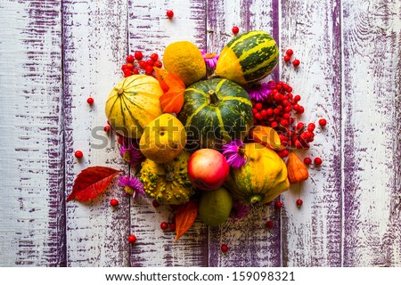 autumn fall background table setting background vegetables fruits harvest
