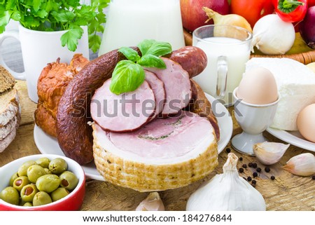 Composition with variety of grocery products including meat and dairy