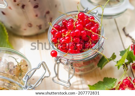 Preparation of products processed: fresh colorful summer fruits in jars