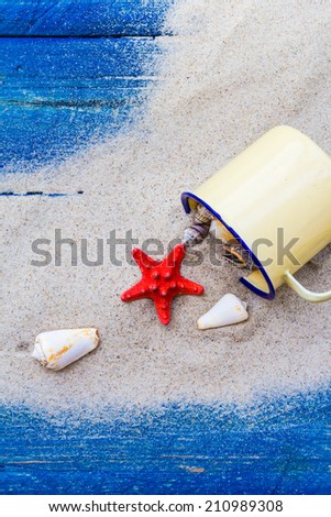 Colorful shells in a cup on the sand strewn on blue boards