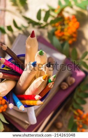 The concept of back to school: Colored pencils and books