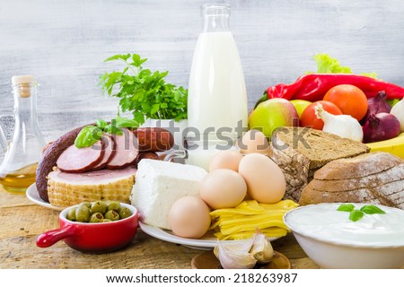 Composition with grocery products including dairy, vegetables, fruits and meat