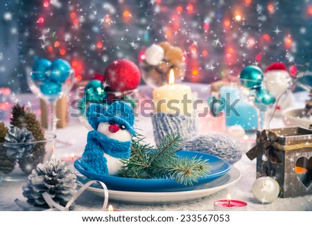 Festive table. Christmas and New Year decorations and Christmas Eve dishes