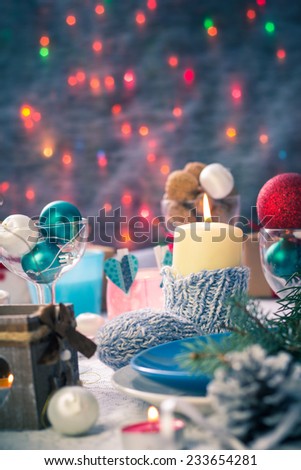 Festive table. Christmas and New Year decorations and Christmas Eve dishes
