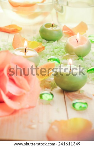 Scented candles with salt bath as attributes of relaxation
